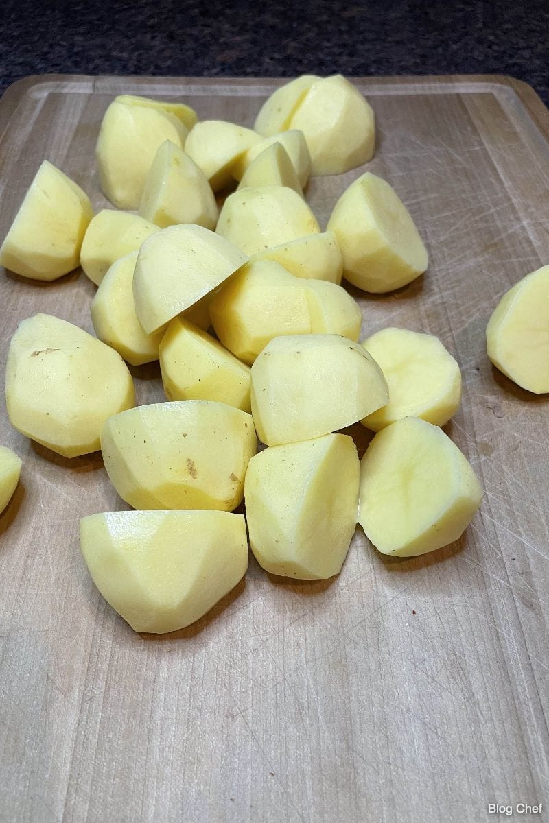Peeled and chunked Yukon gold potatoes. 