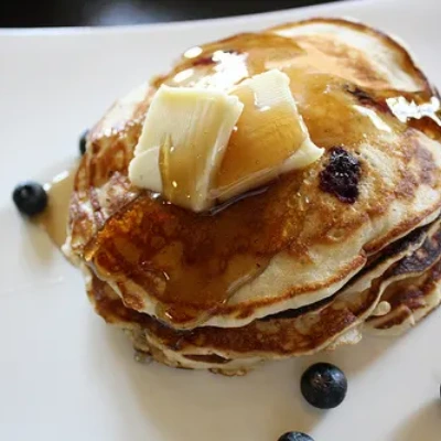 Close up of prepared blueberry pancakes.