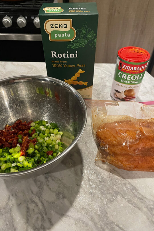 Ingredients for Cajun chicken pasta recipe.
