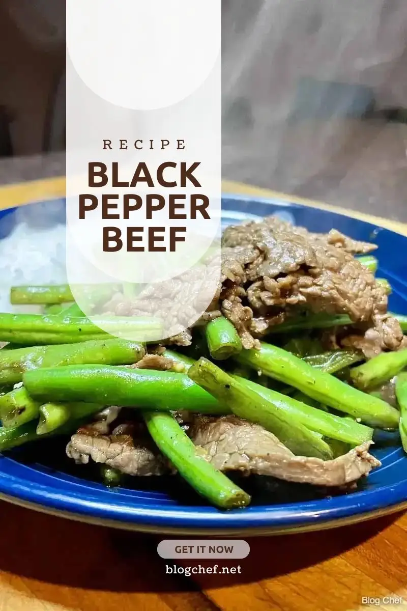 Black pepper beef recipe, prepared with text overlay.