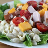 Close up of prepared club pasta salad on white plate.
