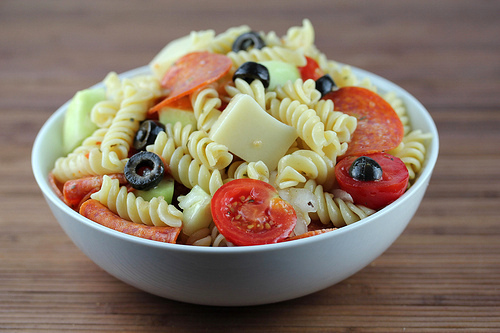 Pepperoni pasta salad in bowl.