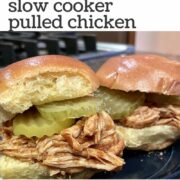 Slow cooker pulled chicken with text overlay.