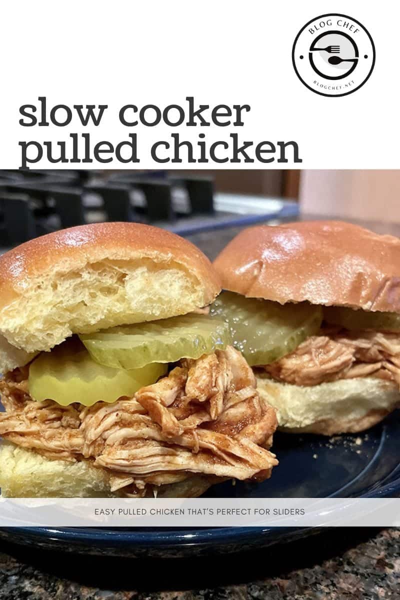 Slow cooker pulled chicken with text overlay.