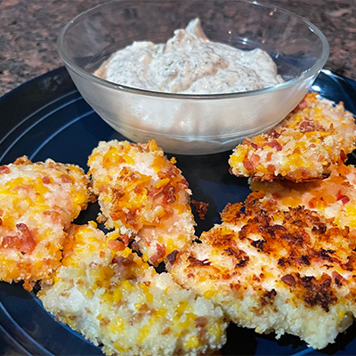 Close up view of cheddar bacon chicken tenders recipe.