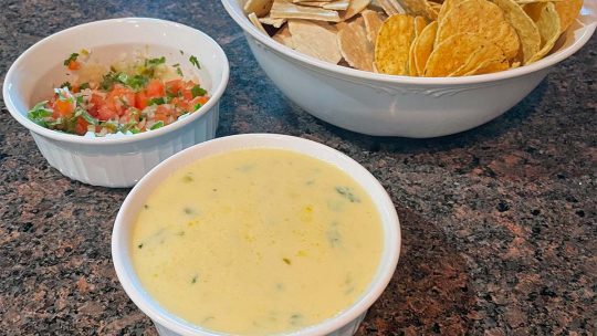 Close up view of Applebees queso dip with pico de gallo and chips.