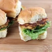 Prepared crab cake sliders.