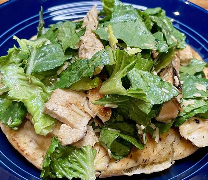 Prepared chicken Caesar flatbread recipe.