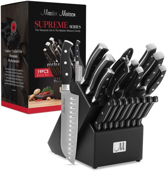 19-Piece Premium Kitchen Knife Set With Wooden Block | Master Maison German Stainless Steel Cutlery With Knife Sharpener & 8 Steak Knives