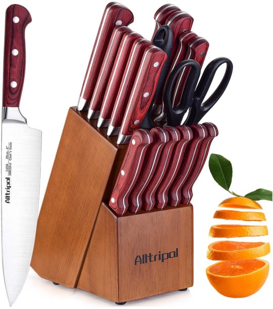 Alltripal Knife Set, Premium 18-Piece Kitchen Knife Set with Block Wooden High Carbon German Stainless Steel Chef Knife Set, Ultra Sharp Cutlery Knife with Sharpener, Steak Knives & Kitchen Shears