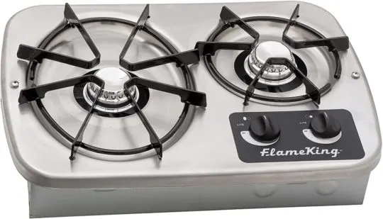 Flame King YSNHT600 2 Burner Built-In RV Cooktop Stove, Propane, 7200 and 5200 BTU Burners, Cover Included