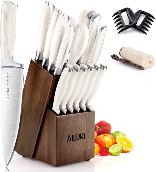 Knife Set,18 Piece Kitchen Knife Set with Block Wooden and Sharpener, Professional High Carbon German Stainless Steel Chef Knife Set, Ultra Sharp Full Tang Forged White Knives Set