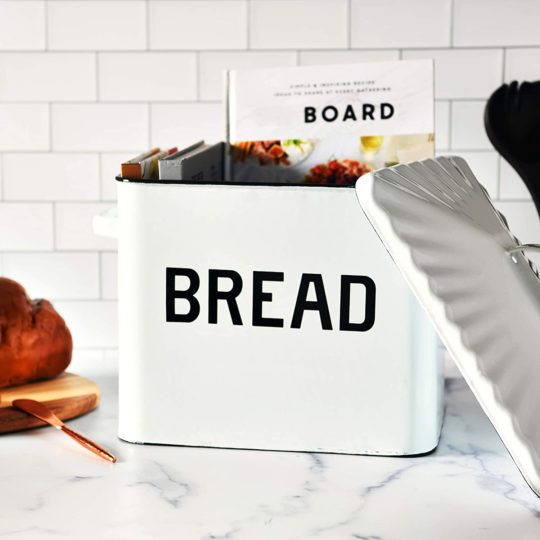 Creative Co-Op Enameled Metal Handles Rustic Farmhouse Storage Décor for Kitchen, White Bread Box with Lid