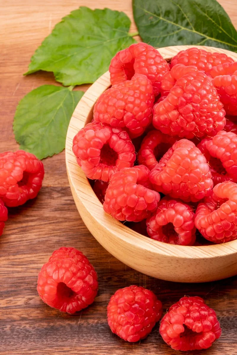 Bowl of raspberries.