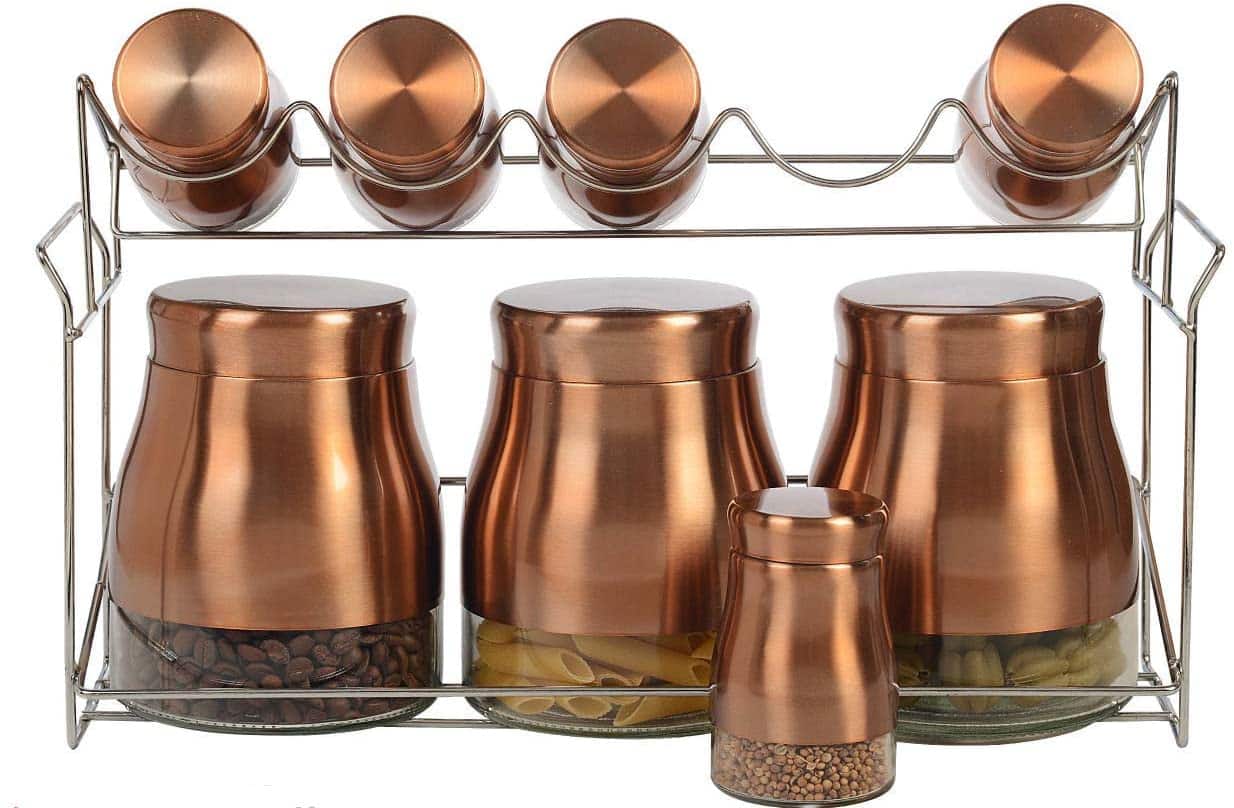 9 Piece Copper Color Stainless Steel And Glass Kitchen Counter Storage and Spice Jar Rack Set
