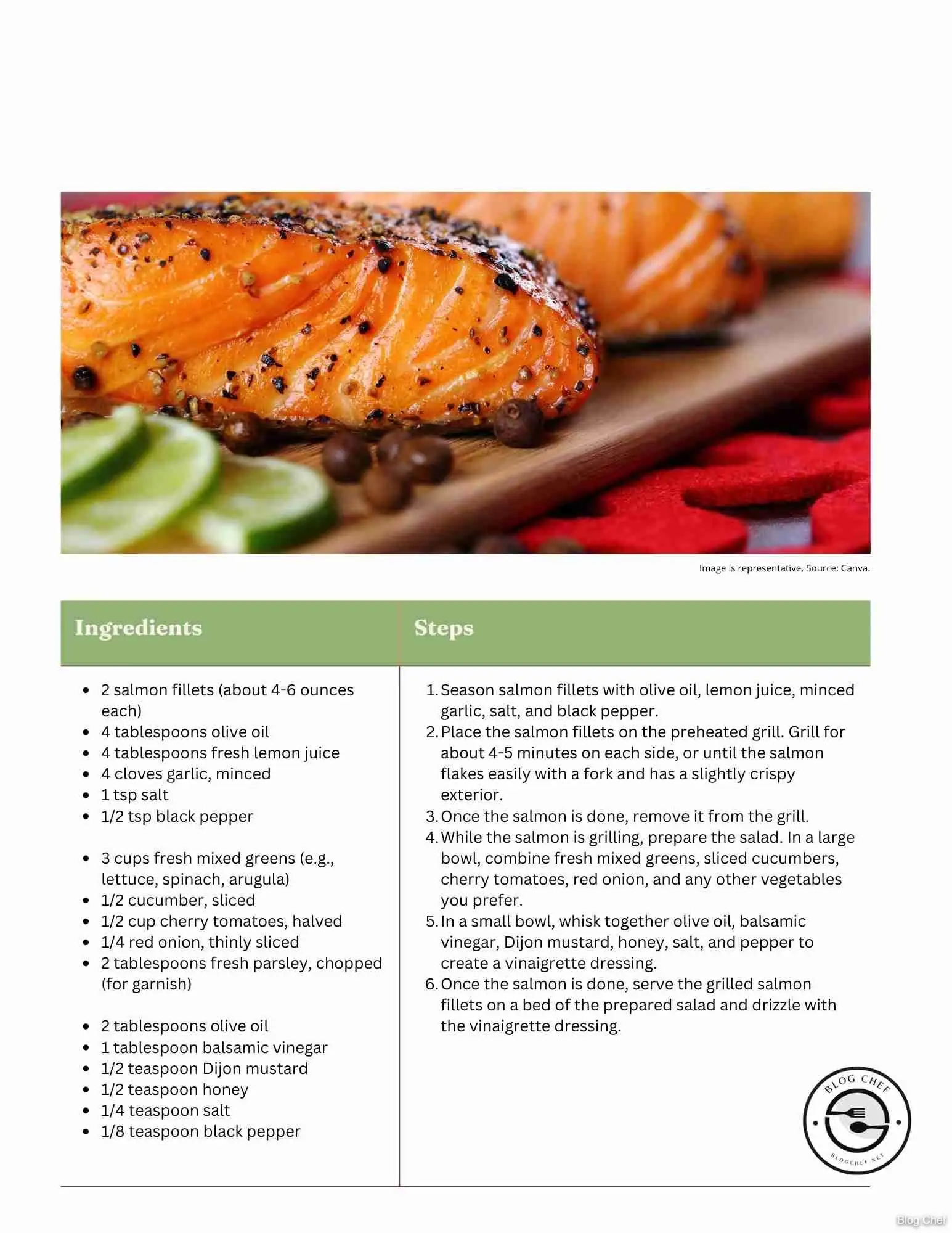 Recipe card for grilled salmon with salad.
