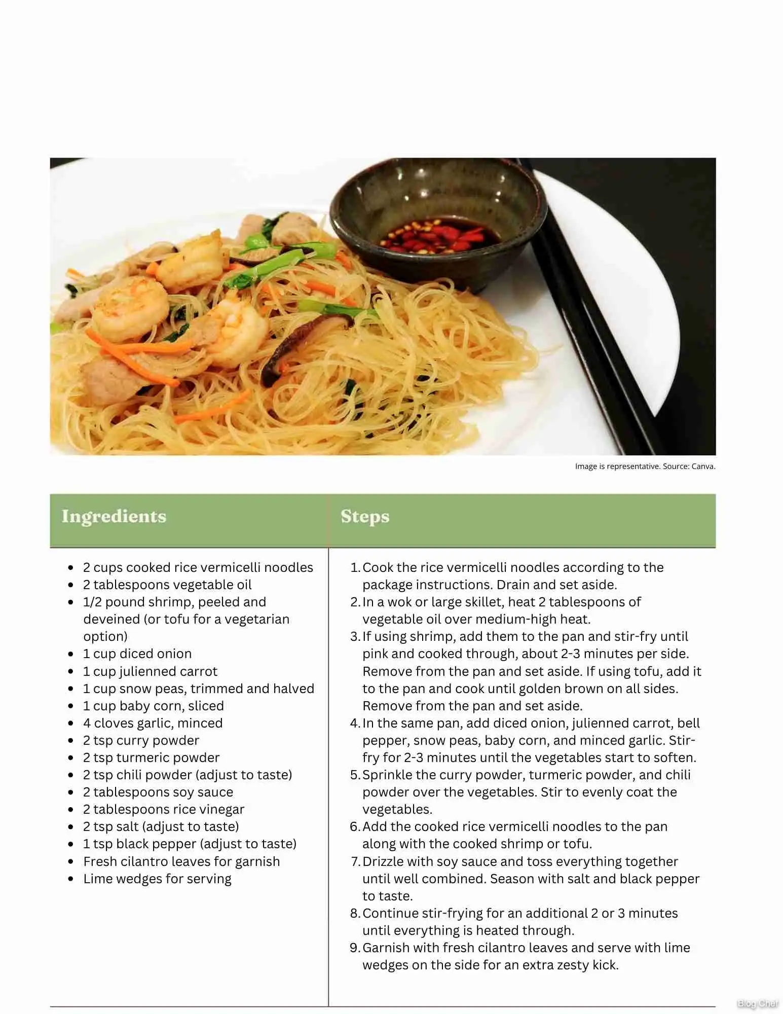 Recipe card for Singapore noodles.