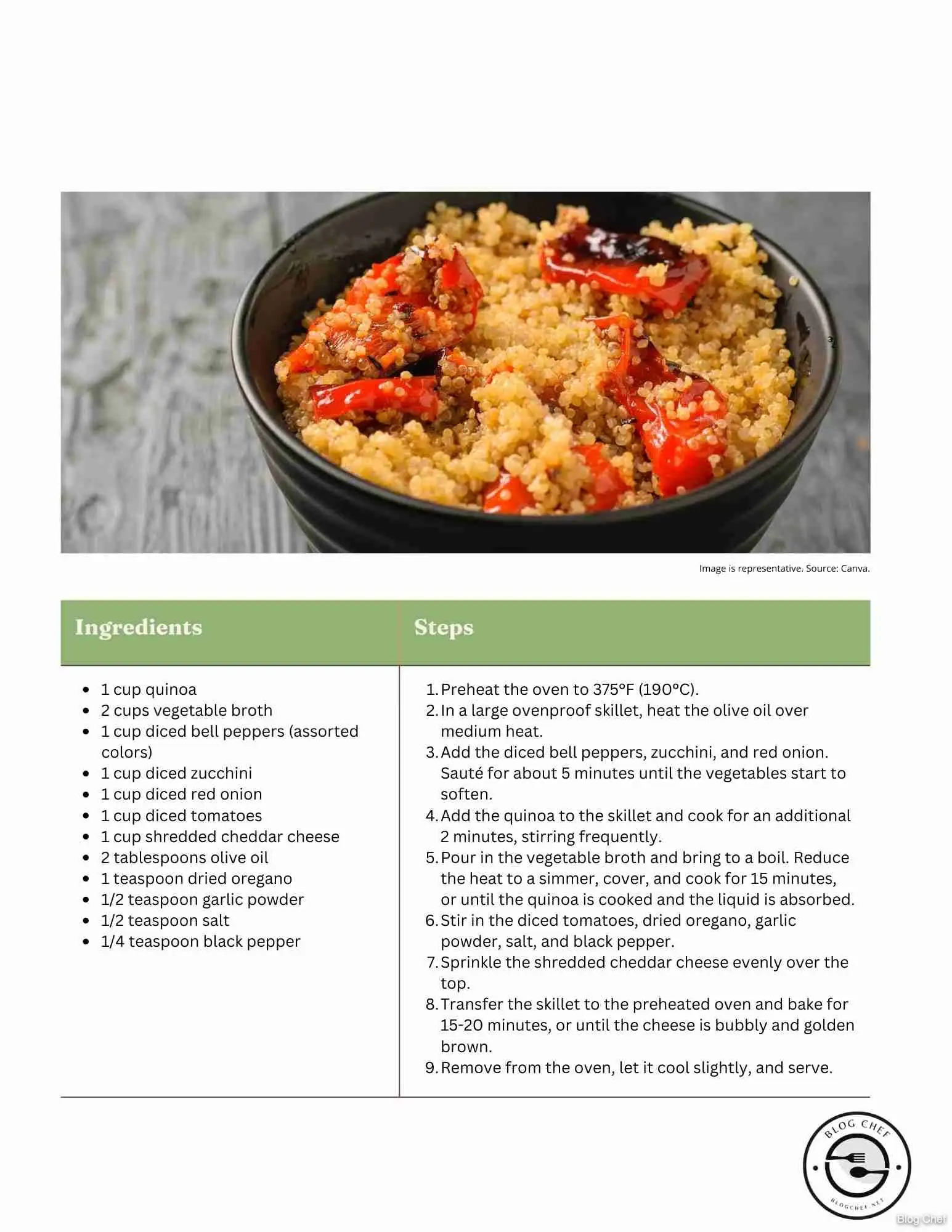 Recipe card for quinoa vegetable bake.