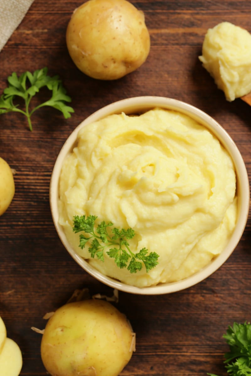Overhead view of bowl of mashed potatoes to represent substitute for butter in mashed potatoes.