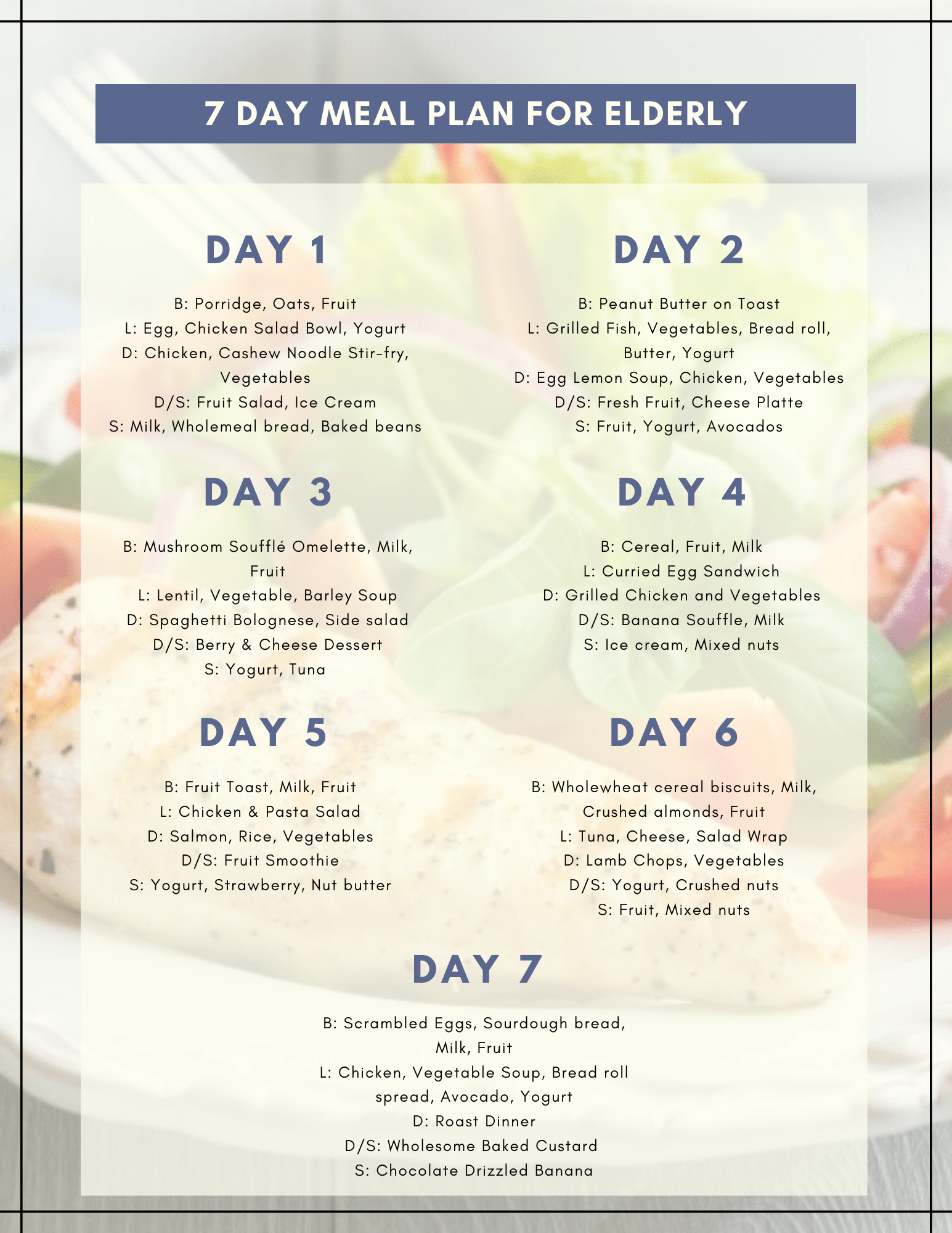 7 Day Meal Plan For Elderly