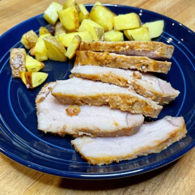 Sliced, prepared pork tenderloin.