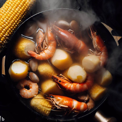 Top view of shrimp boil with potatoes and corn in pot.