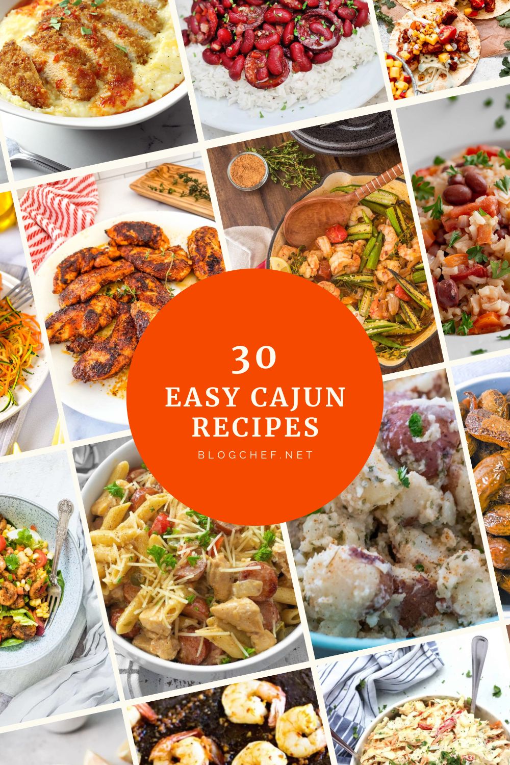 Collage of Cajun dishes with text overlay: 30 easy Cajun recipes.