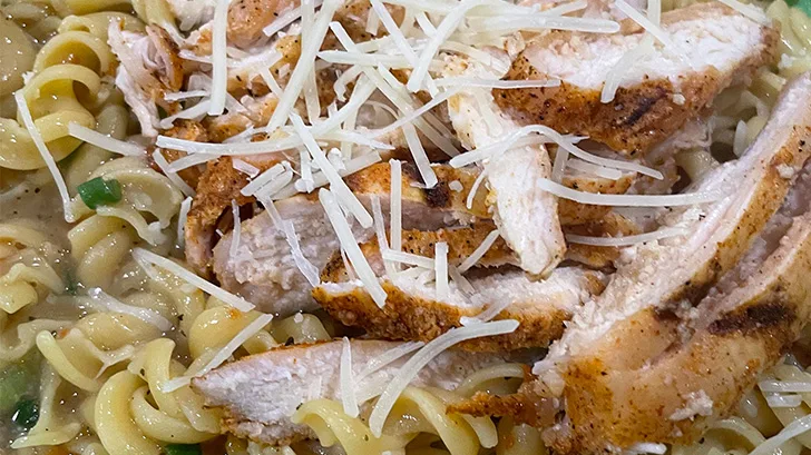 Close up view of Cajun chicken pasta recipe, prepared.
