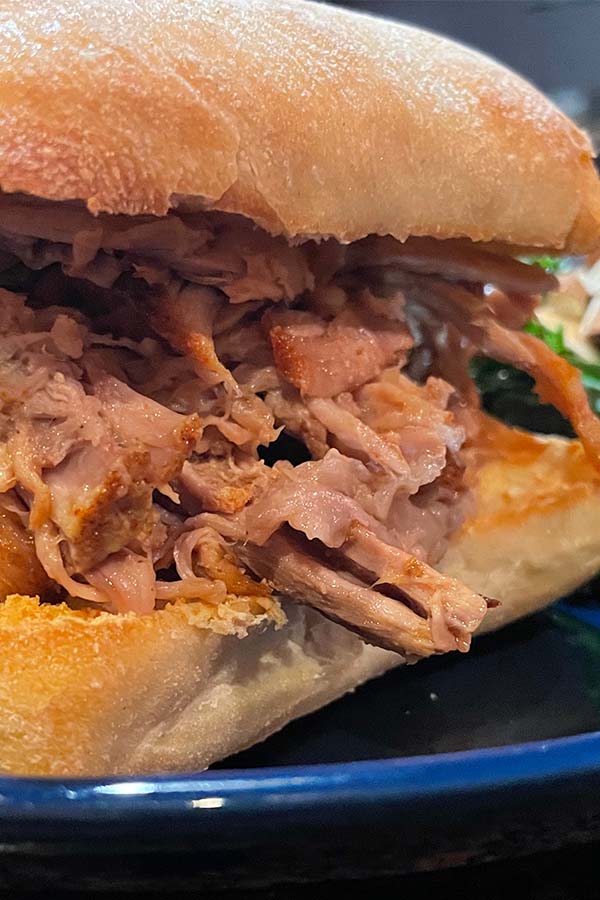 Oven-roasted pulled pork served on toasted ciabatta roll. 