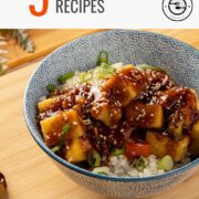 Close up of tofu dish with text overlay that reads 5 amazing tofu recipes.