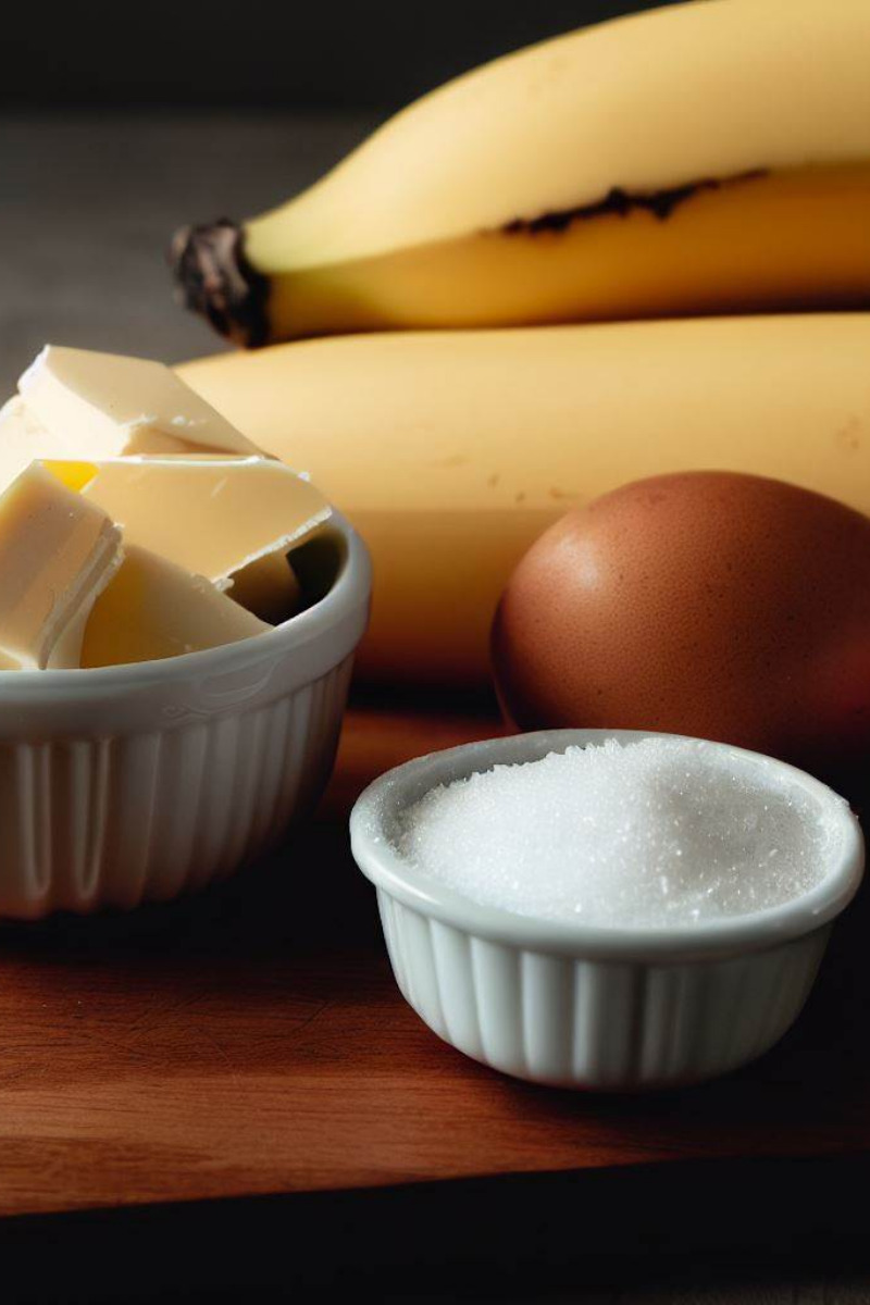 Sugar, egg, butter, and bananas on cutting board.