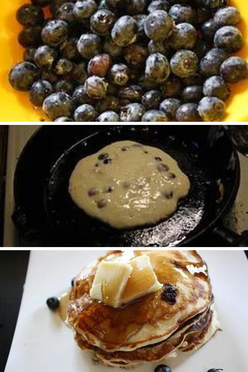 Collage of steps to make this blueberry pancake recipe.