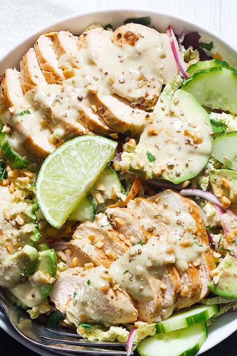 Overhead view of salad with avocado and chicken. 