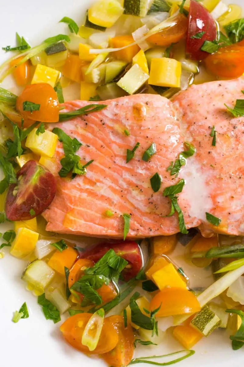 Salmon with steamed vegetables.