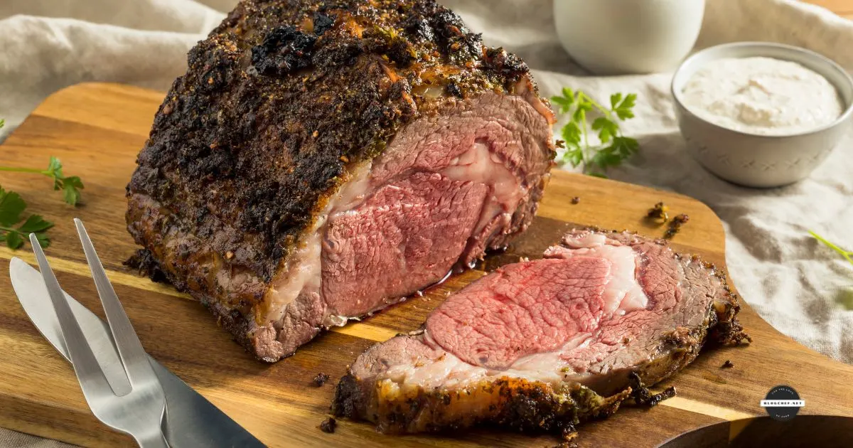 Prime rib roast in a wooden cutting board.